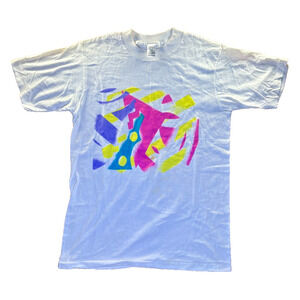 Danskin T-Shirt Adult M White Vintage 80s Graphic Tee Made USA Retro Stain